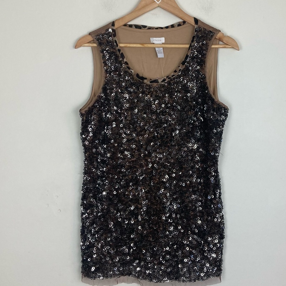 NWT Chicos brown tan sequined sleeveless shell top. Chicos 2 (equiv. to M/12)